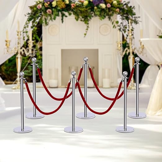 6 Packs Stanchions Posts, Stanchions Set Crowd Control Barriers with 4.9 ft Red Velvet Rope, Stanchion and Velvet Ropes Red Carpet Poles for Party Supplies