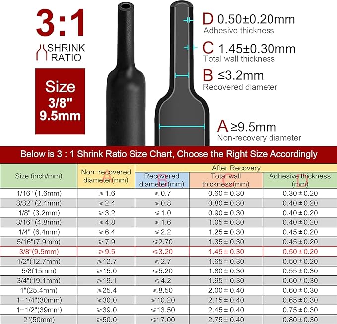 Chanzon 3:1 Ratio - 80ft Roll - Heat Shrink Tubing 3/8" (9.5mm) - Marine Grade Waterproof Adhesive Lined - (25M Total Length) Black Polyolefin Sleeving Wrap Shrinking 3 to 1 Ratio 1pcs