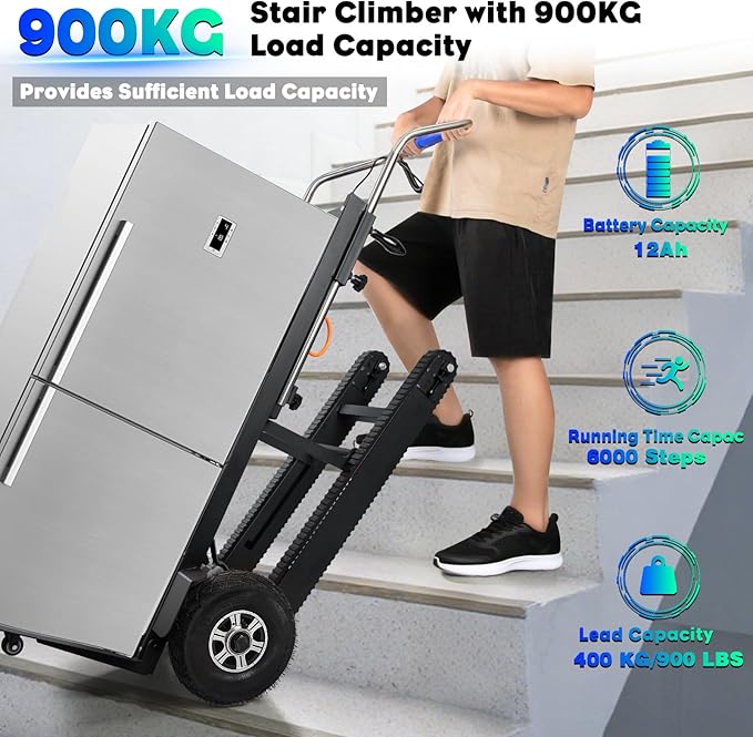 Electric Stair Climbing Dolly, 1250W Electric Stair Climbing Hand Truck, 900lbs Max Load Capacity, 3 Mode Folding Stair Climber Hand Trucks with Telescopic Handle for Moving (Black+Silver/Big Wheels)