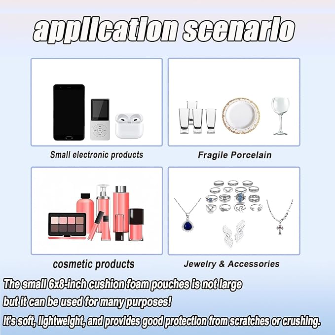 6''x8''Small Foam Pouches, 50PCS Cushioning Foam, Packing Supplies for Moving and Packing, Foam Pouches for Small Fragile Items/Electronic Products/Cosmetic Products/Jewelry/Glasses/Cups.