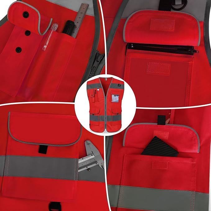TCCFCCT Hi Vis Vest 9 Pockets High Visibility Reflective Safety Vest for Men Women, Safety Construction Vest with Reflective Strips, Meets ANSI/ISEA Standards, (Red, Medium)