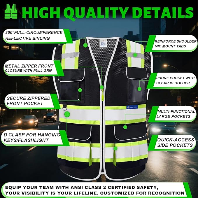 BeautyWill Custom Logo 10 Pockets Safety Vest Class2 ANSI Certified High Visibility Reflective Vest