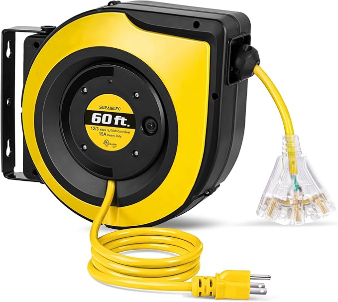 SURAIELEC 12 Gauge Extension Cord Reel, 60 FT Retractable Extension Cord, 12 AWG/3C SJTOW Heavy Duty Power Cord, 15 AMP Circuit Breaker, Lighted Triple Tap, Ceiling or Wall Mount, UL Listed