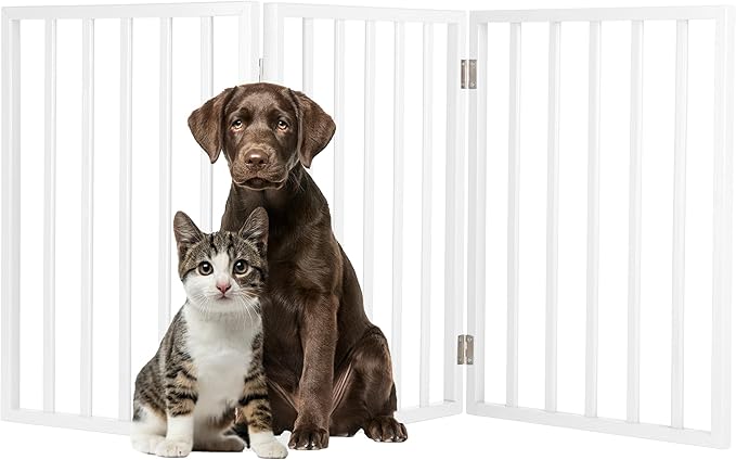 Pet Gate - 3-Panel Indoor Foldable Dog Fence for Stairs, Hallways or Doorways - 54x24-Inch Retractable Wood Freestanding Dog Gates by PETMAKER (White)