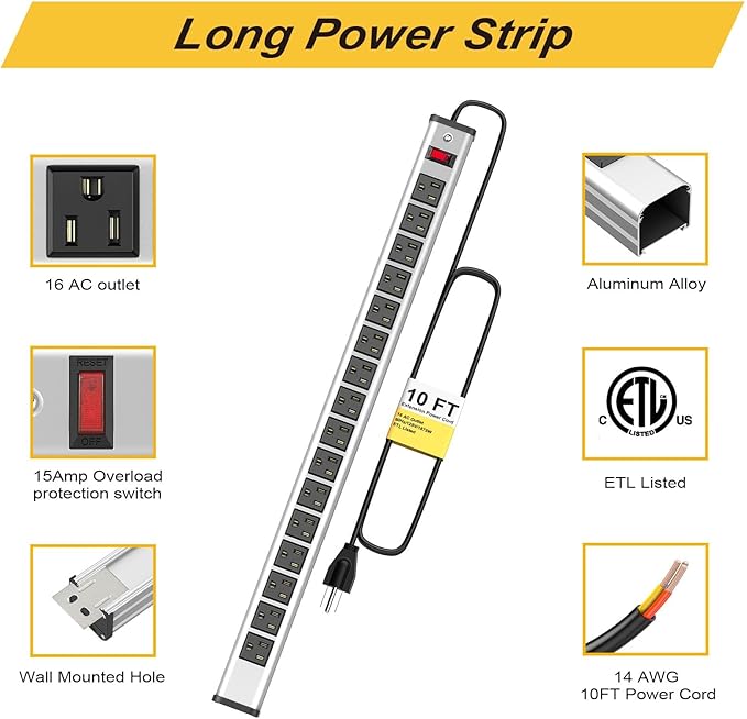 10-Pack Long Surge Protector Power Strip,16 Outlet Heavy Duty Power Strip Metal Power Bar,10 FT Long Extension Cord with Circuit Breaker for Garage,Workshop, 125V/1875W, ETL Listed, Silver