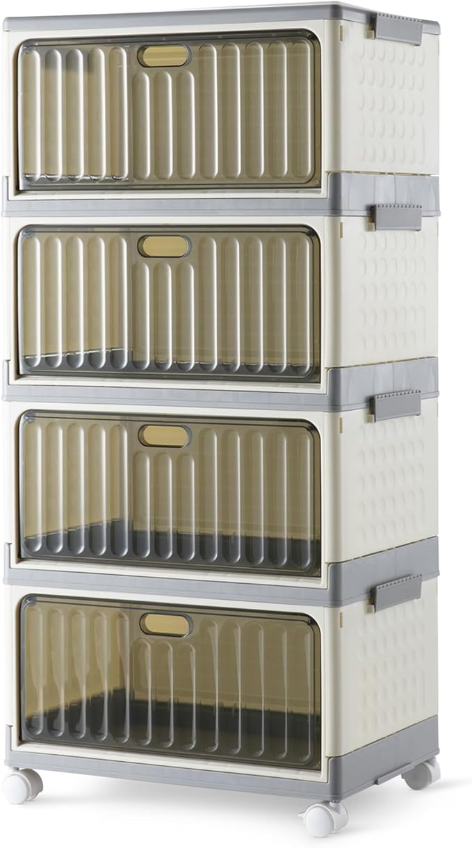 Amazon Basics 4-Tier Storage Bins with Lids, Stackable and Collapsible, 23QT per Tier
