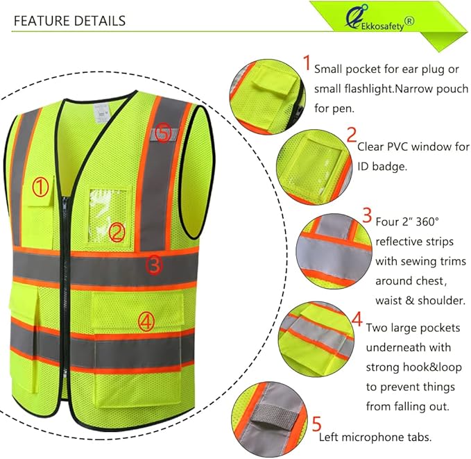 Reflective Mesh Safety Vest for Men Women with 5 Pockets and Zipper Front High Visibility Mesh Vest Hi Vis Construction Work Vest,Meets ANSI/ISEA Standards(EK175-Yellow-XL)