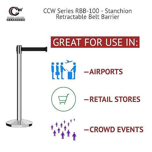Crowd Control Warehouse CCW Series RBB-100 - Set of 2 Stanchions with Retractable Belts - 11 Foot Red Belt, Polished Stainless Steel Post - Crowd Control Barriers