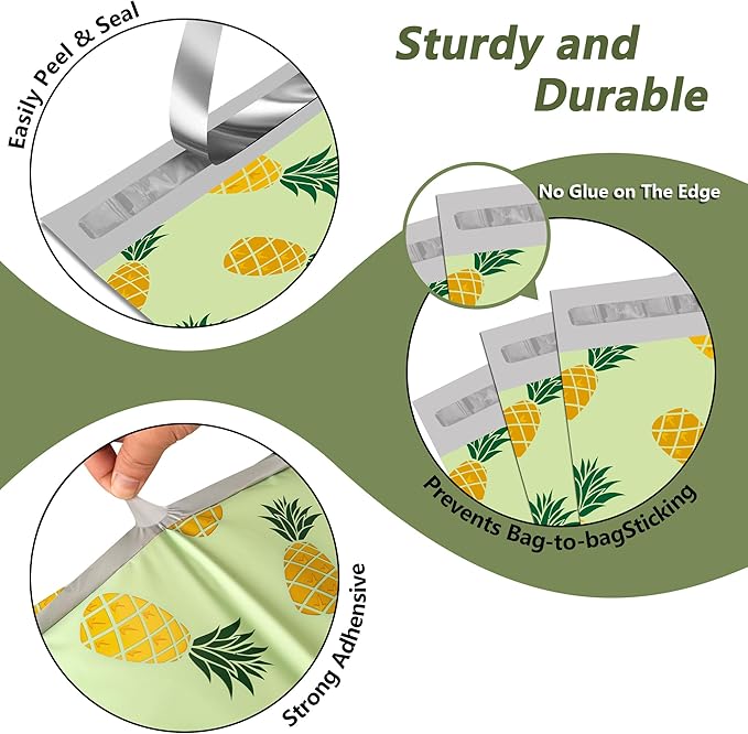 Poly Mailers 10x13 Inch 100 Pcs - Pineapple printed Shipping Bags, 2.4mil Thickness, Waterproof and Tear Resistant Mailing Envelopes, Self-Sealing Packaging Bags for Small Business