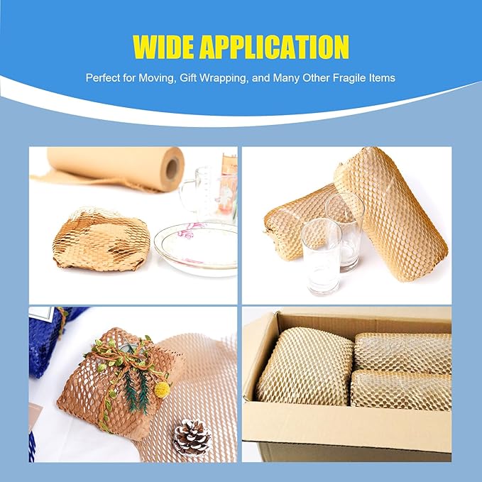 Honeycomb Packing Paper Roll 15" x 295 FT with Fragile Stickers– Biodegradable Cushioning Wrap for Moving, Shipping & Gift Wrapping – 100% Recyclable, FSC Certified Eco-Friendly Packaging