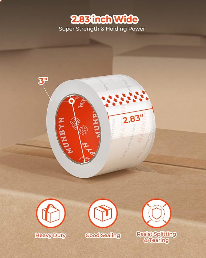 MUNBYN Tape, Heavy Duty Shipping Packing Clear Tape Refill for Dispenser with Total 540 Yards, 2.7mil, 2.83inch *90 Yard(Per Rolls) Great for Shipping Packing Moving Mailing Office Storage