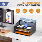 Letter Tray Organizer, Mesh Desk File Organizer with 3 Paper Trays and 2 Vertical Upright Section (White)