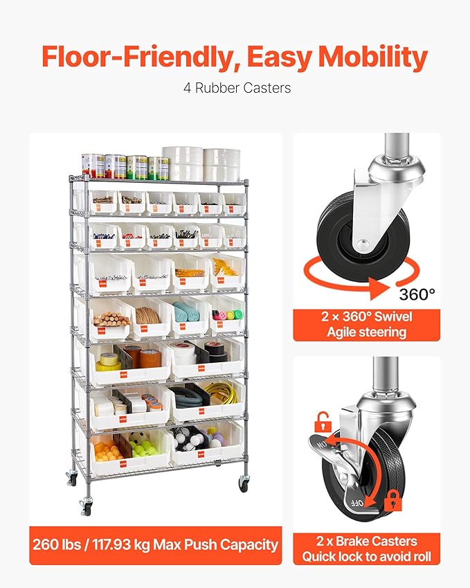 VEVOR 8-Tier Rolling Bin Storage Rack, 26 Organizer Bins, Bin Rack Storage Steel Wire Shelving System with Wheels, Mobile Tool Organizer for Garage, Warehouse, Office, Restaurant, Classroom, Kitchen
