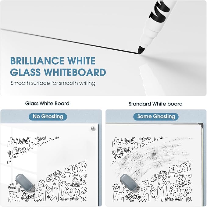 MaxGear Glass White Board 48x36 Inches Brilliance White Magnetic Dry Erase Board Wall Mounted Whiteboard, Large Frameless Whiteboard with 1 Eraser,3 Markers and 6 Magnets for Office, School, Home