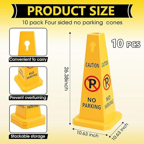 10 Pack No Parking Cones 26.38 Inch Four Sided Visibility Traffic Safety Cone No Parking Sign Floor Standing Yellow for Lawn, Driveway, Garage, Yard, Fire Lane, Construction, Street