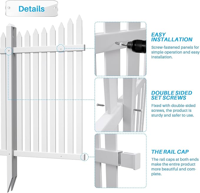 Patio Outdoor Fence 36"Hx84"L (2Sets) White Vinyl Picket Fence Panels Privacy Fence Decorative, PVC Garden Fence Temporary Fencing for Backyard Porch Dogs, Suitable for Soft Ground