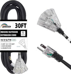 3-Outlets Indoor Outdoor Extension Cord Weatherproof with Lighted End, UL Listed, 14 Gauge 30FT Black 3 Prong Heavy Duty, 14/3 SJTW 15A Power Cord