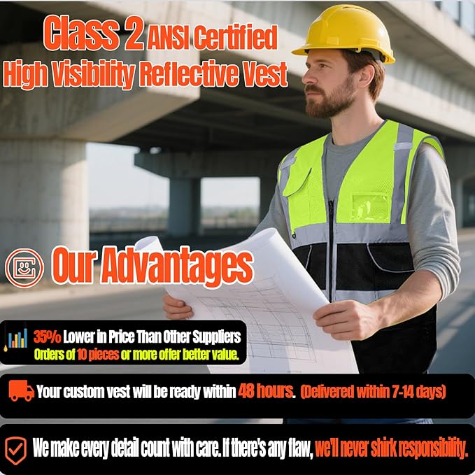 BeautyWill Custom Safety Vest Customized Logo Class 2 High Visibility Reflective Vest with Pockets Construction workwear