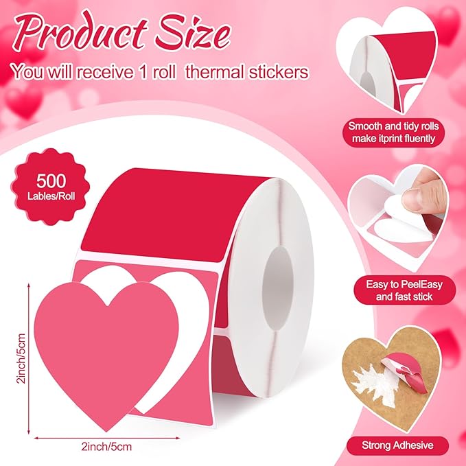 Ctosree 500 Pcs/ 1 Roll Thermal Sticker Labels Self Adhesive Direct Thermal Labels Multipurpose Printer Stickers for DIY, Name Tag(Heart,2 Inches,Red Gradient)