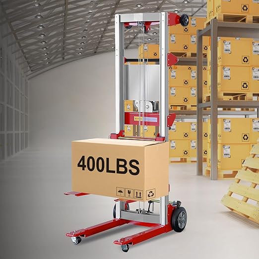 122" 400lbs Material Lift Winch Stacker with Upgrade Effortless Winch, Hand Winch Lift Truck with Fixed-Leg, Manual Material Lifter Pallet Stacker for Contractor, Workshop, Industrial, Red