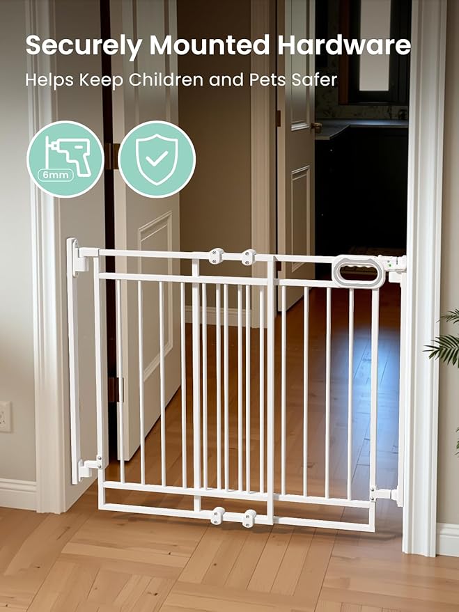 Grownsy Baby Gate for Stairs- No Bottom Bar, Adjustable Width 29.8” to 43.5” for Child and Pet, Dog Gate with Auto-Close & One-Hand Operation, Hardware-mounted Installation for Doorways and Indoor Use