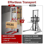122" 400lbs Material Lift Winch Stacker with Upgrade Effortless Winch, Hand Winch Lift Truck with Fixed-Leg, Manual Material Lifter Pallet Stacker for Contractor, Workshop, Industrial, Red