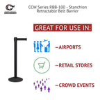 CCW Series RBB-100 - Set of 2 Stanchion Retractable Belt Barriers (9 Foot Belt, Red with"NO Entry" White Letters Belt with Satin Stainless Steel Post)