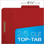 Pendaflex Pressboard Classification File Folders, 3 Dividers, 2" Embedded Fasteners, 2/5 Tab Cut, Letter Size, Bright Red, Box of 10