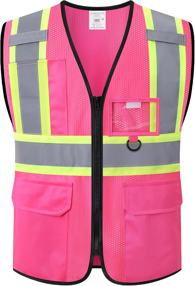 Safety Vest for Men Women Reflective with Multiple Pockets Mesh High Visibility Construction Work Vest,Meets ANSI/ISEA Standards(EK1-178-Pink-2XL)