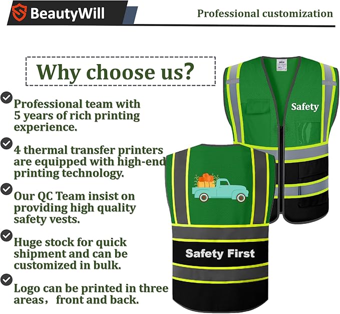 5 Pack Custom Safety Vest Customized Logo Mesh Vest Class 2 High Visibility Reflective Vest with Pockets Workwear（Green Black，S ）