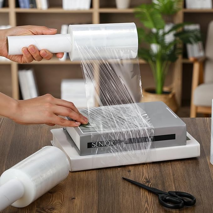 Frienda 12 Pcs 5 Inch Plastic Stretch Wrap Film Roll 500ft Clear Mini Moving Plastic Wrap Roll with Handle 80 Gauge Shrink Wraps Industrial Strength Shrink Film for Moving, Packing, Self Adhering