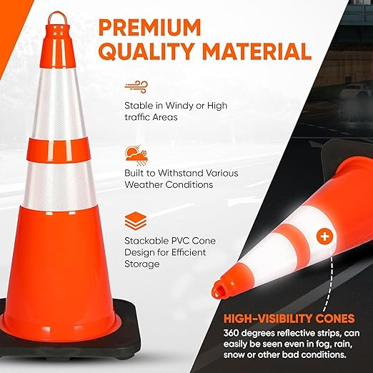 Pyle Traffic Cones, 12-Pack PVC with Heavy-Duty Base, 28" High-Visibility Safety Cones with Stackable Design for Parking, Roadwork, Construction Zones, Sports Training & Outdoor Weather-Resistant Use