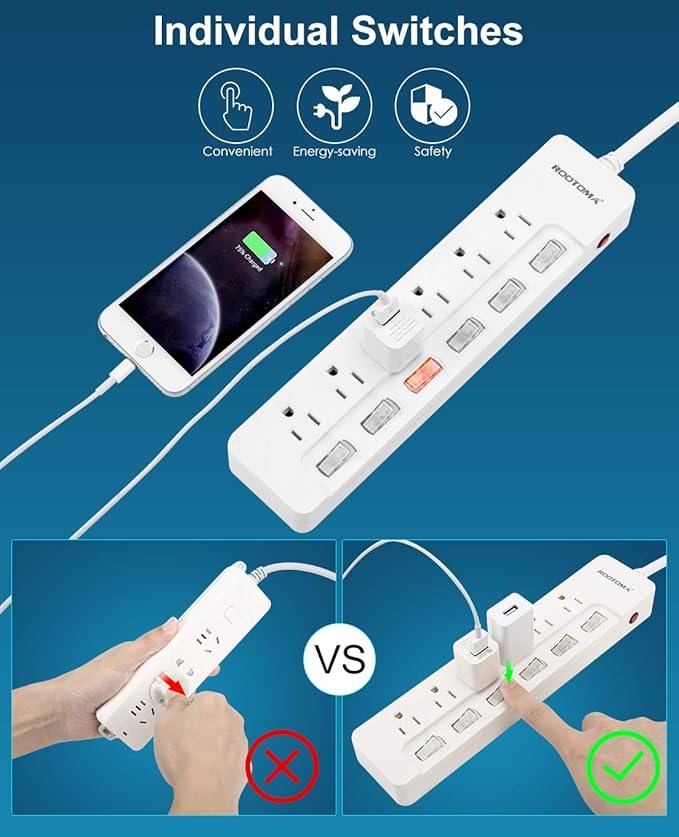 ROOTOMA Power Strip Surge Protector with Individual Switches,6-Foot 14AWG Long Extension Cord 1875W/15A Wall Mount for Office Dorm Home Theatre (6outlets-6ft)