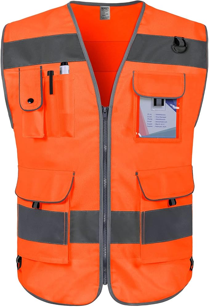 TCCFCCT Orange Safety Vest for Men Women 9 Pockets High Visibility Reflective Vest for Safety, Work Vest with Reflective Strips, Meets ANSI/ISEA Standards, Large