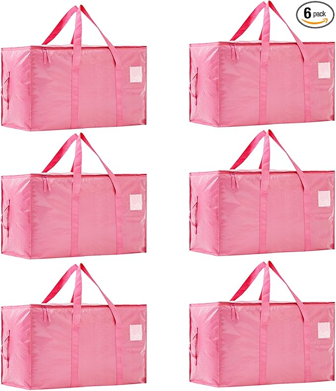 Moving Bags Heavy Duty Extra Large, Moving Boxes, Moving Supplies Essentials,Storage Bins with Lids, Plastic Packing Totes, Storage Bags for Clothes with Handles & Zippers(Pink, 6 Pack)