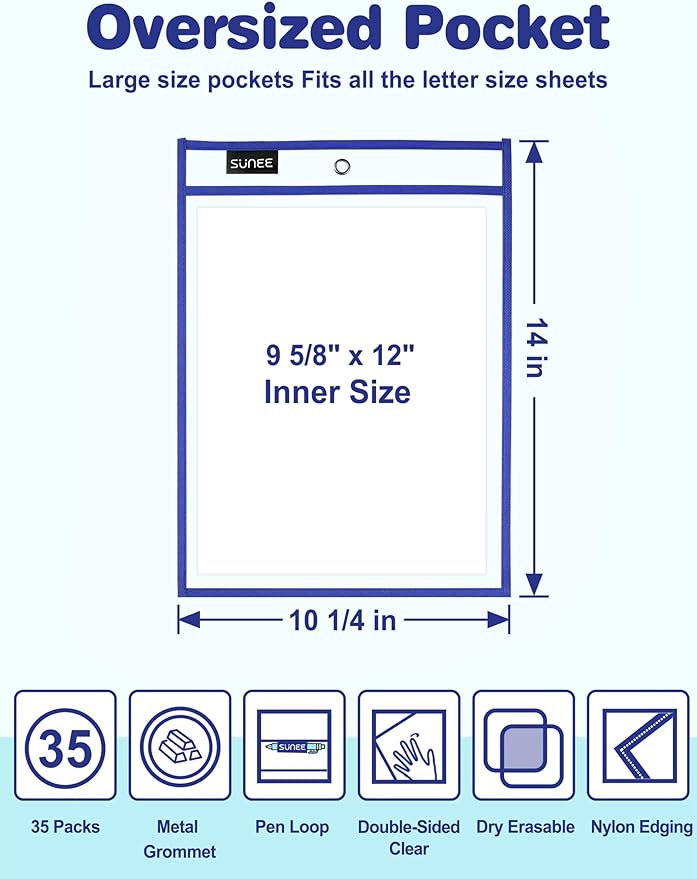 SUNEE 35 Packs Oversized Reusable Dry Erase Pocket Sleeves with 2 Rings, 10 Assorted Colors 10x14 Ticket Holders, Clear Plastic Sheet Protectors, Teacher School Classroom Supplies