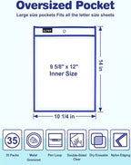 SUNEE 35 Packs Oversized Reusable Dry Erase Pocket Sleeves with 2 Rings, 10 Assorted Colors 10x14 Ticket Holders, Clear Plastic Sheet Protectors, Teacher School Classroom Supplies