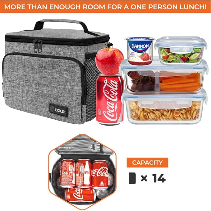 opux Insulated Lunch Bag for Men Women, Soft Lunch Box for Office Work School Picnic, Leakproof Lunch Cooler Bag with Shoulder Strap for Kid Adult Boy Girl, Medium Lunchbox Lunch Tote (Heather Gray)