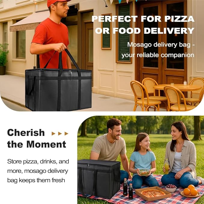 mosago Insulated Food Delivery Bag - Reusable Thermal Cooler Grocery Bags for Catering & Delivery, Retail Shopping Basket Bag, Large Capacity Bag Keeps Food Hot/Cold for Shopping, Commercial (Black)