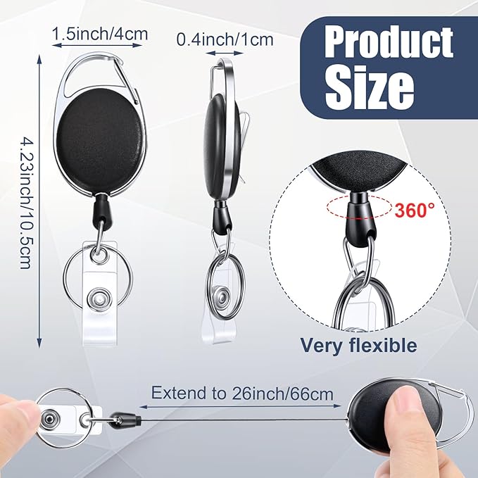 Laumoi 200 Retractable ID Badge Holder Badge Reel with Belt Clip and Key Ring, Name ID Badge Clips Keychain for Office Worker Doctor Nurse Employee (Black)