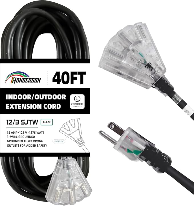 3-Outlets Indoor Outdoor Extension Cord Weatherproof with Lighted End, UL Listed, 12 Gauge 40FT Black 3 Prong Heavy Duty, 12/3 SJTW 15A Power Cord