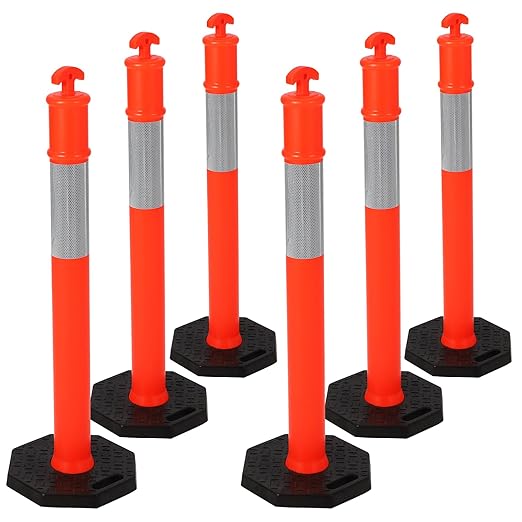 Delineator Post with Base 6 Pack, KOKEBREN 45 Inch Portable Orange Traffic Delineator Posts Cones with Reflective Collars for Driving Practice and Construction Work
