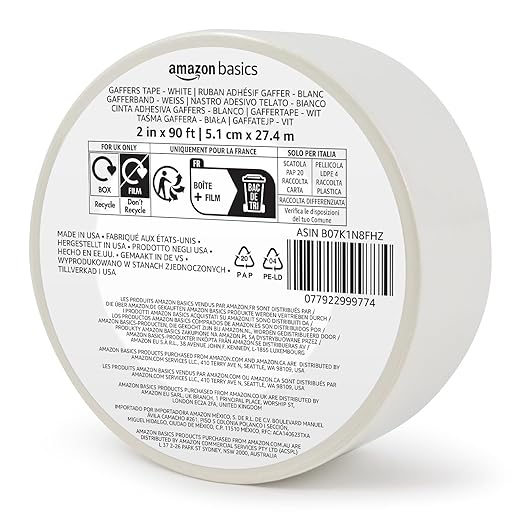 Amazon Basics No Residue, Non-Reflective Gaffers Tape - 2 inch x 90 feet, White
