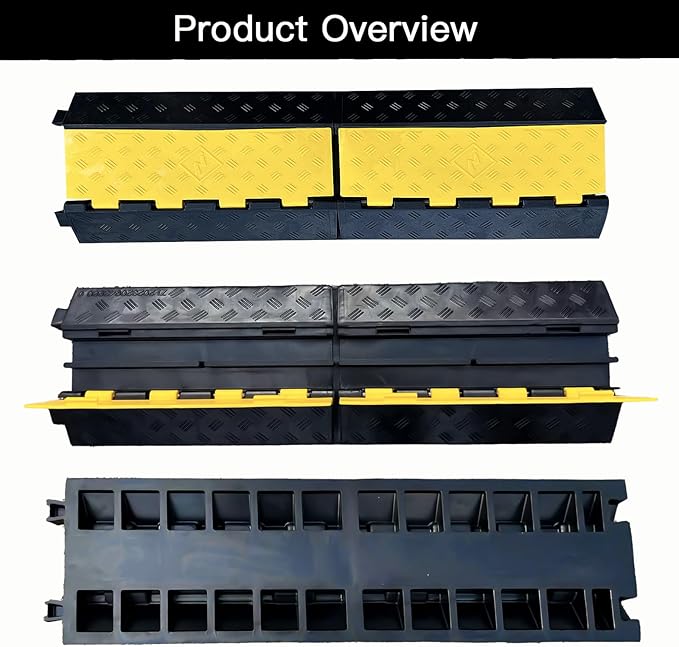 Foldable 2 Channel Rubber Cable Protector, 22000Lbs Load Capacity Wire Hose Pipe Hider Protective Ramp, Driveway Traffic Speed Bump for Asphalt Concrete Gravel Driveway Indoor Outdoor (1PACK)