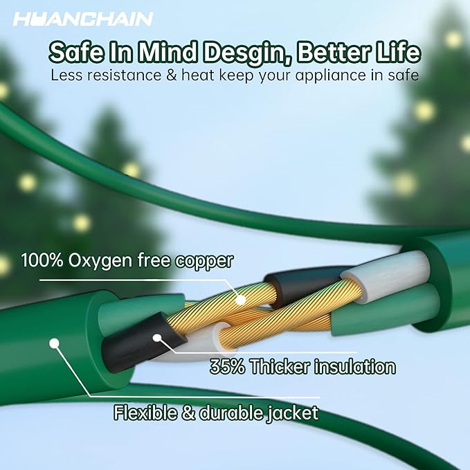 HUANCHAIN Indoor Outdoor Green Extension Cord 50 ft Waterproof, 16/3 Gauge Flexible Cold-Resistant Appliance Extension Cord Outside, 13A 1625W 16AWG SJTW, 3 Prong Electric Cable, ETL