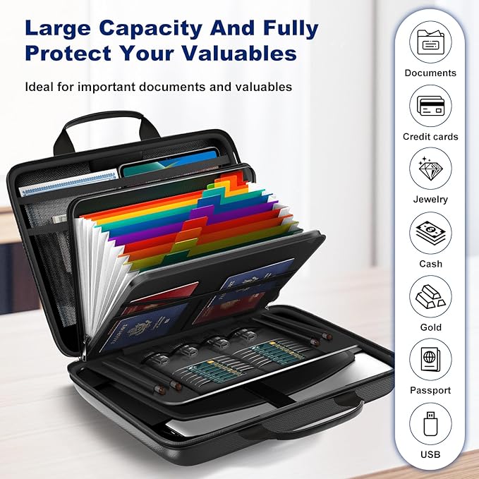 Fireproof Document Box, Hard Case Fireproof File Organizer Box with Lock and 13 Pocket Accordion File Folder, Portable Safe Box for Home Office Travel to Storage Important Documents Laptop Green