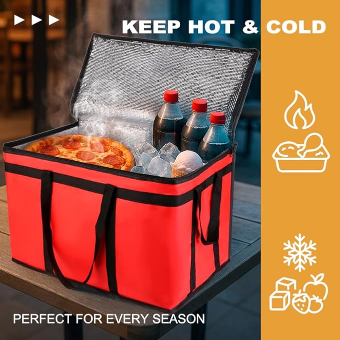 XXXL Insulated Food Delivery Bag - Reusable Thermal Cooler Grocery Bags for Catering & Delivery, Pizza Carrier for Events, Large Capacity Bag Keeps Food Hot/Cold for Shopping, Commercial (Red, 1PK)