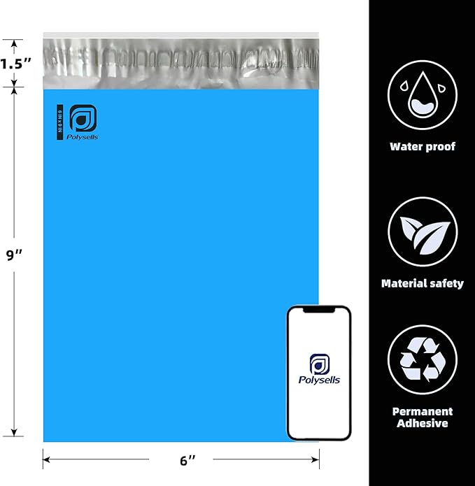 POLYSELLS 200 pcs 6x9 Inches Blue Poly Mailers Shipping Envelopes, Strong Adhesive Sealing, Waterproof, and Tear-resistant Postal Mailing Bags for Small Business, Clothes, Non-Fragile Items