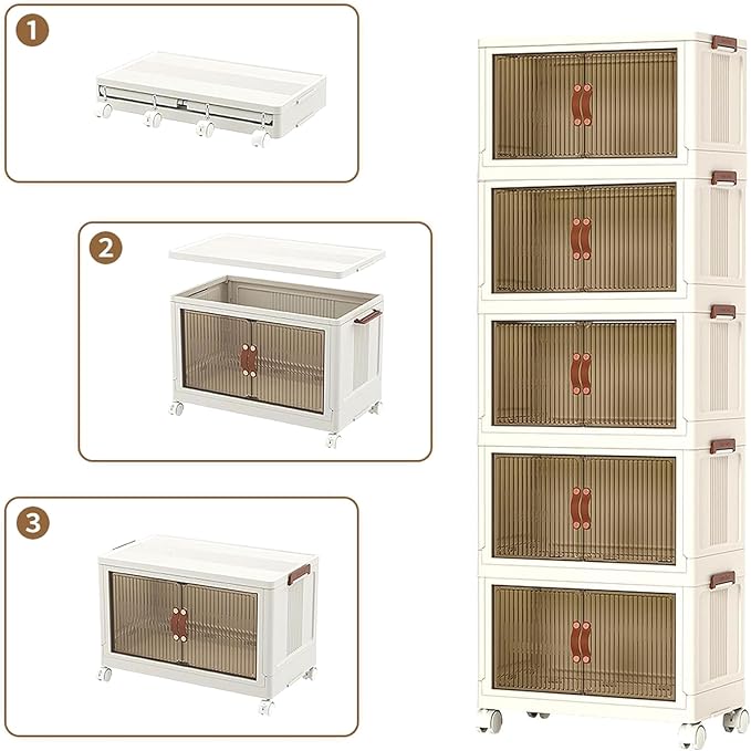 4 Tier Plastic Stackable Storage Bins and Boxes Organizer, Foldable Containers, Stackable Closet Organizers, Collapsible Boxes, White (5 Tier, 23.6″)