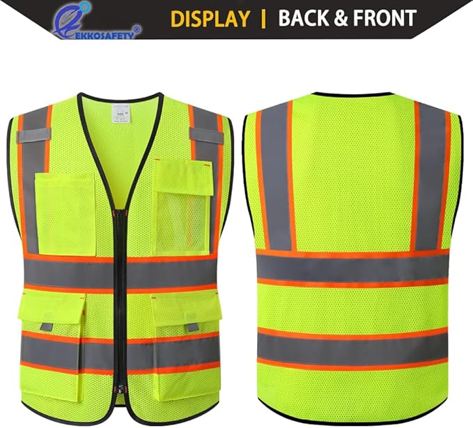 9 Pockets High Vis Safety Vest for Men with Double Stitching Knots around All Pockets and Zipper Edges Mesh Class 2 High Visibility Reflective Vest,Meets ANSI/ISEA Standards(EK176-Yellow-L)